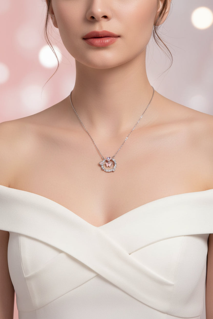 LATEST SILVER AD CIRCLE IN PINK DUTERFLY WITH PINK AD HEART